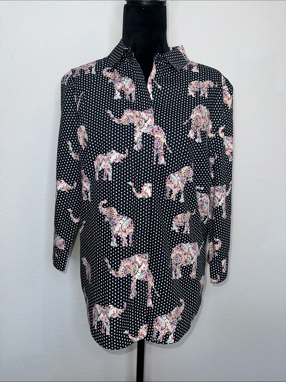 Chico's Black Polka Dot Button-Down‎ with Multicolor Paisley Elephants